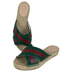 Gucci Women's Stripes Green & Red Web Slide Sandals Leather Sz 37.5 DM45